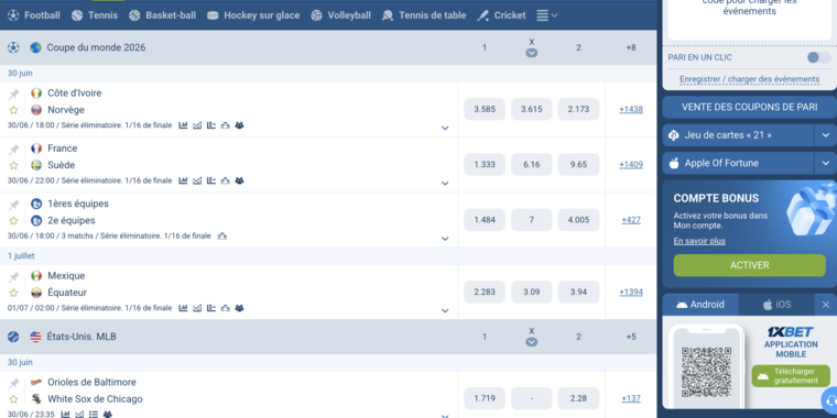 1xBet Bénin, paris en direct (live)