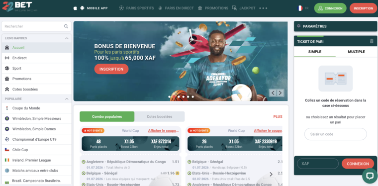 22bet Bénin, page d'accueil paris sportifs